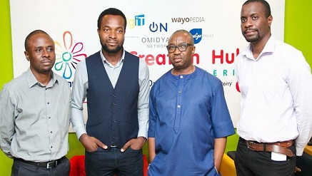 (L-r): Tunji Eleso, managing partner, Growth Capital Fund; Bosun Tijani, Chief Executive Officer, both from CC-Hub; Dr Vincent Olatunji, acting DG of NITDA and femi Longe, Director of Programmes (Open Living Labs) at CC-Hub, during NITDA’s team’s visit to the hub in Lagos recently.